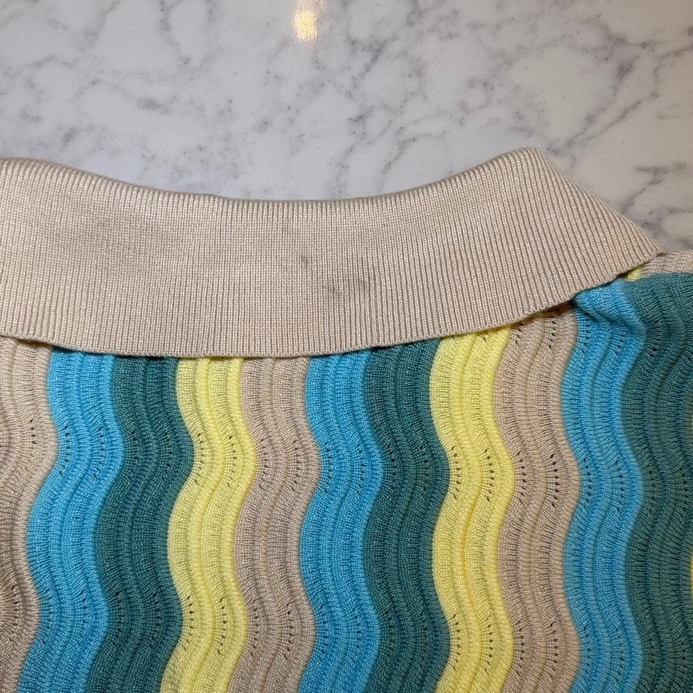 yllw Blue Yellow Wavy Pointelle Knit Button Down Polo Mini Dress Cardigan S/M - Picture 9 of 10